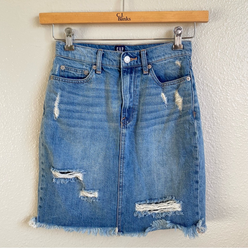 Gap Blue Denim Distressed Mid Thigh Skirt